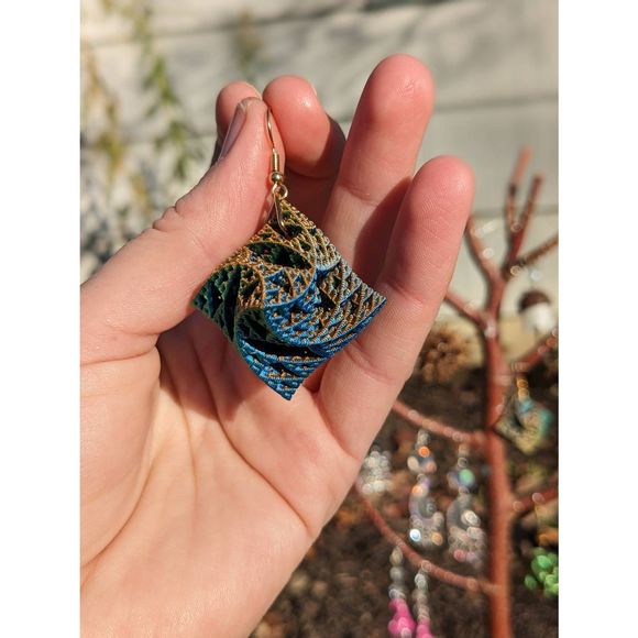 Color Changing Blue-Green-Orange 3D Printed Warped Sierpinski Octahedron Earring - Picture 6 of 8